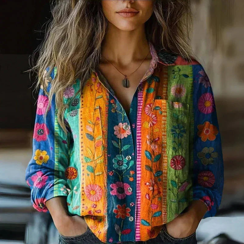 Mira Women's Ethnic Print Long Sleeve Blouse
