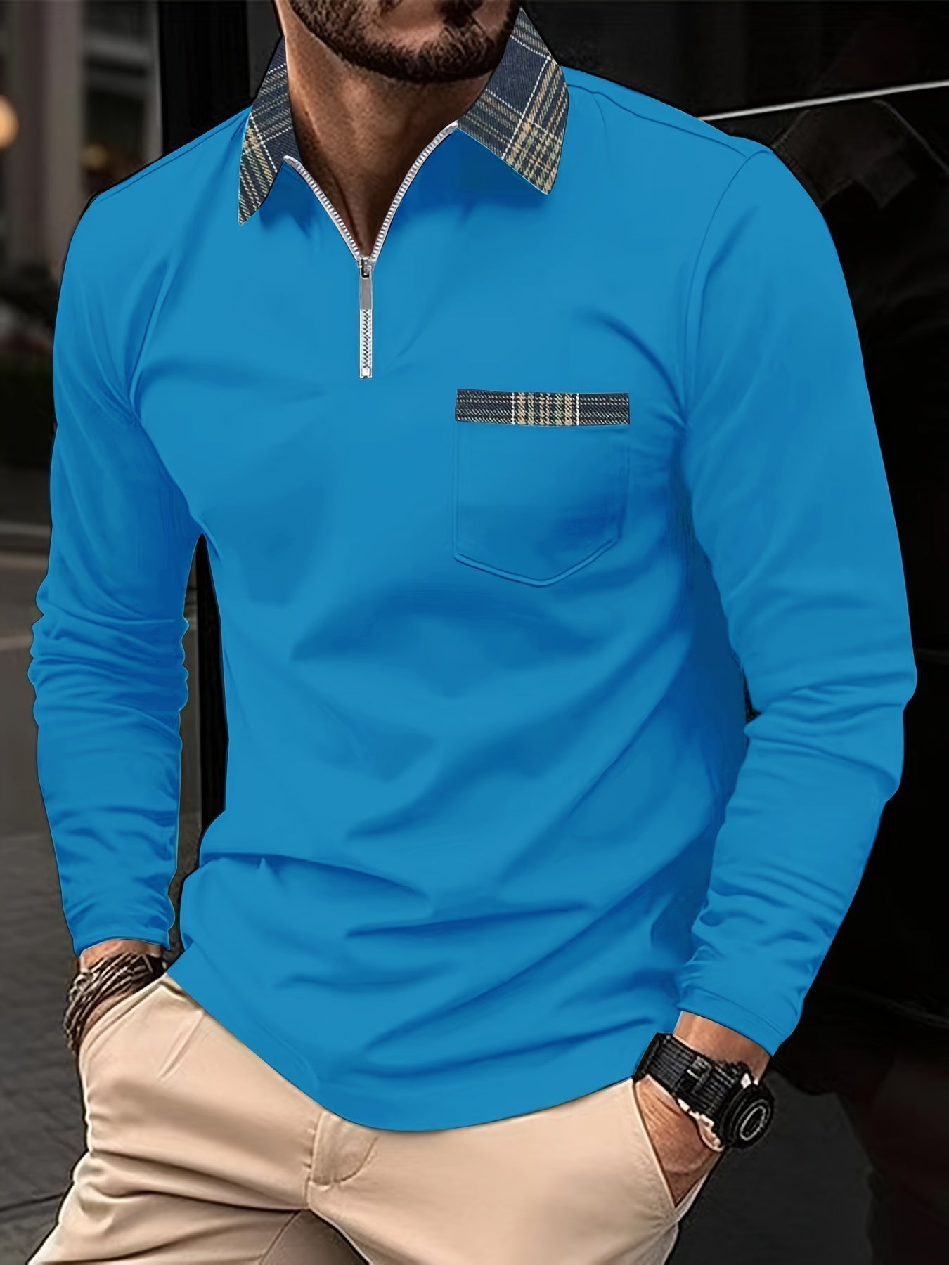 Frank Men's Long Sleeve Polo – Zip Collar with Checkered Pattern