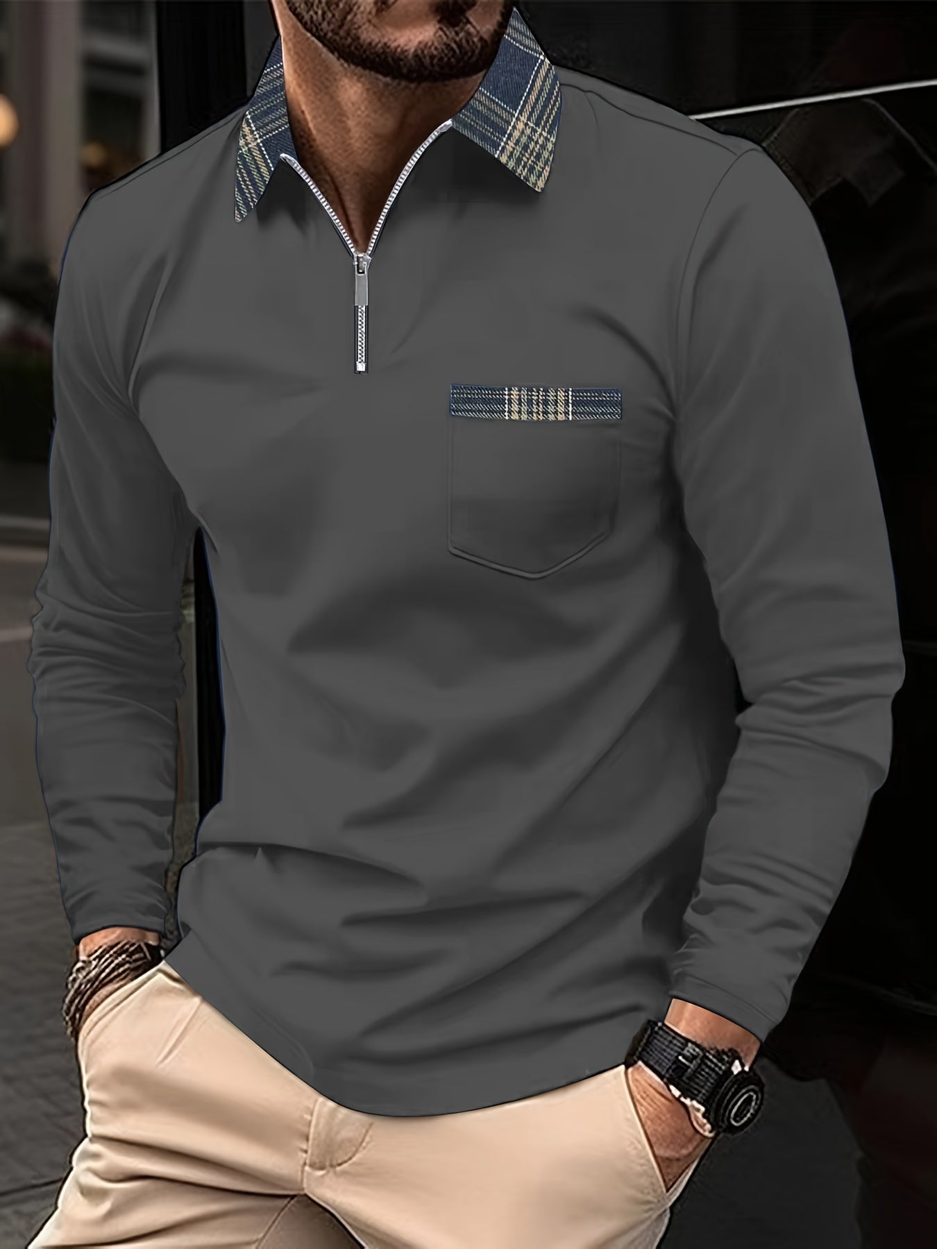 Frank Men's Long Sleeve Polo – Zip Collar with Checkered Pattern