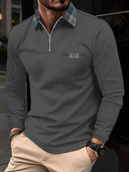 Frank Men's Long Sleeve Polo – Zip Collar with Checkered Pattern
