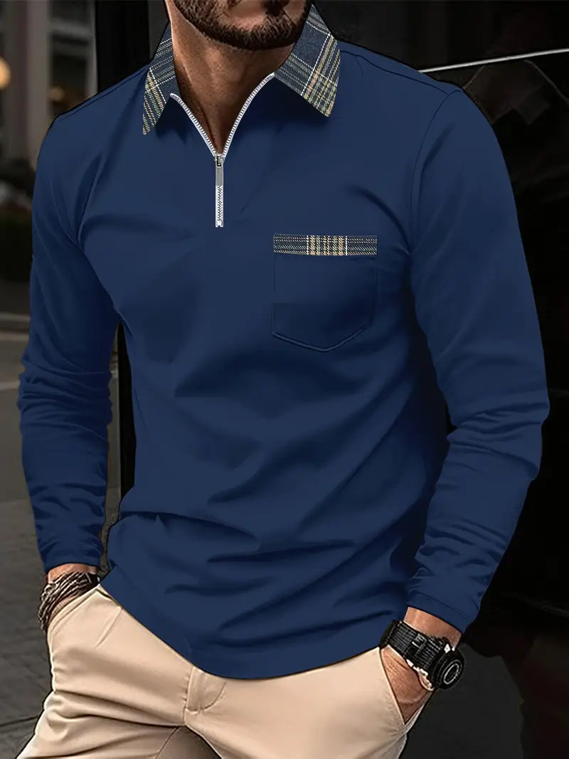 Frank Men's Long Sleeve Polo – Zip Collar with Checkered Pattern