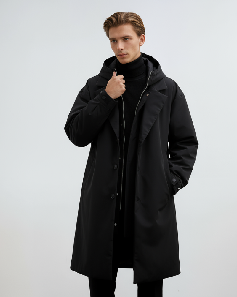 Kennington Men's Hooded Trench Coat – Elegant Long Coat with Zip and Button Closure