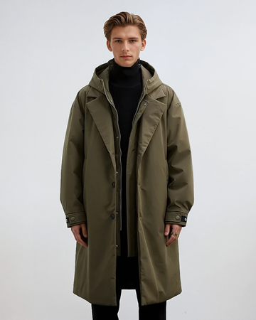 Kennington Men's Hooded Trench Coat – Elegant Long Coat with Zip and Button Closure