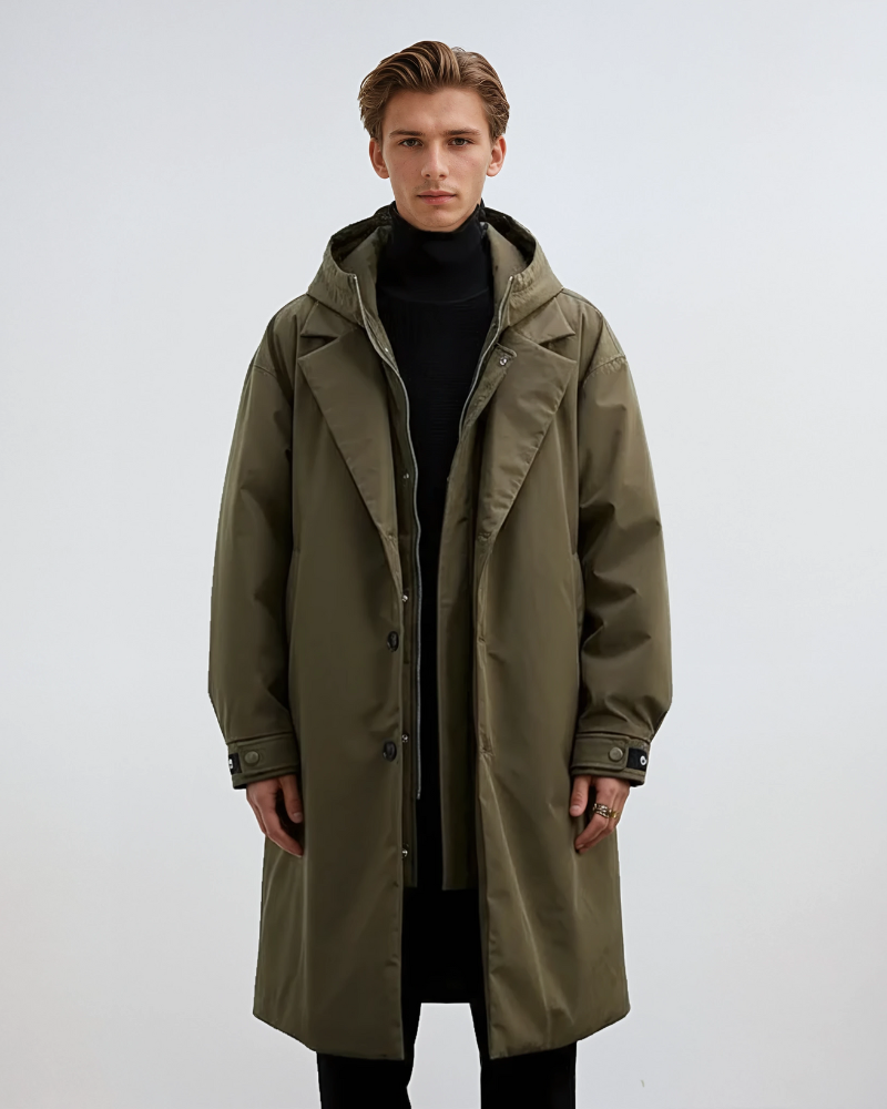 Kennington Men's Hooded Trench Coat – Elegant Long Coat with Zip and Button Closure