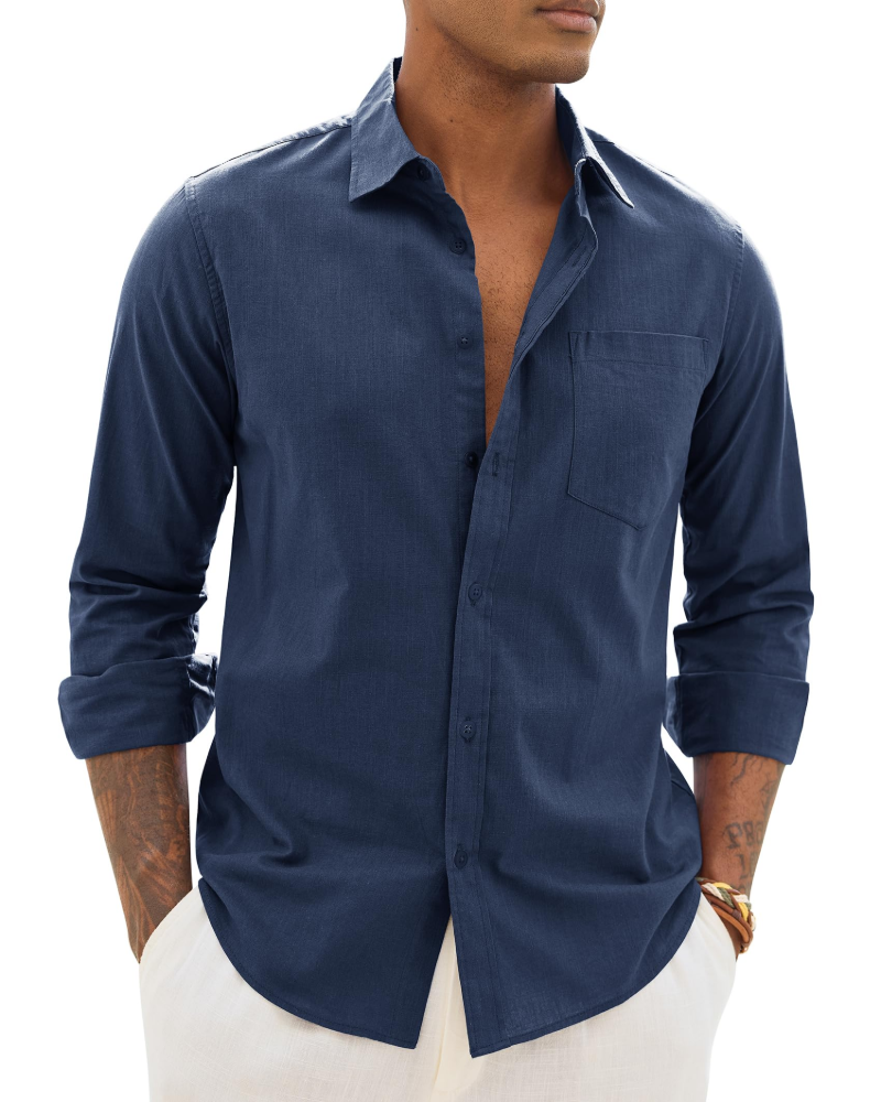 Hugo Men's Cotton Linen Shirt – Long Sleeve Light Casual Chic Style