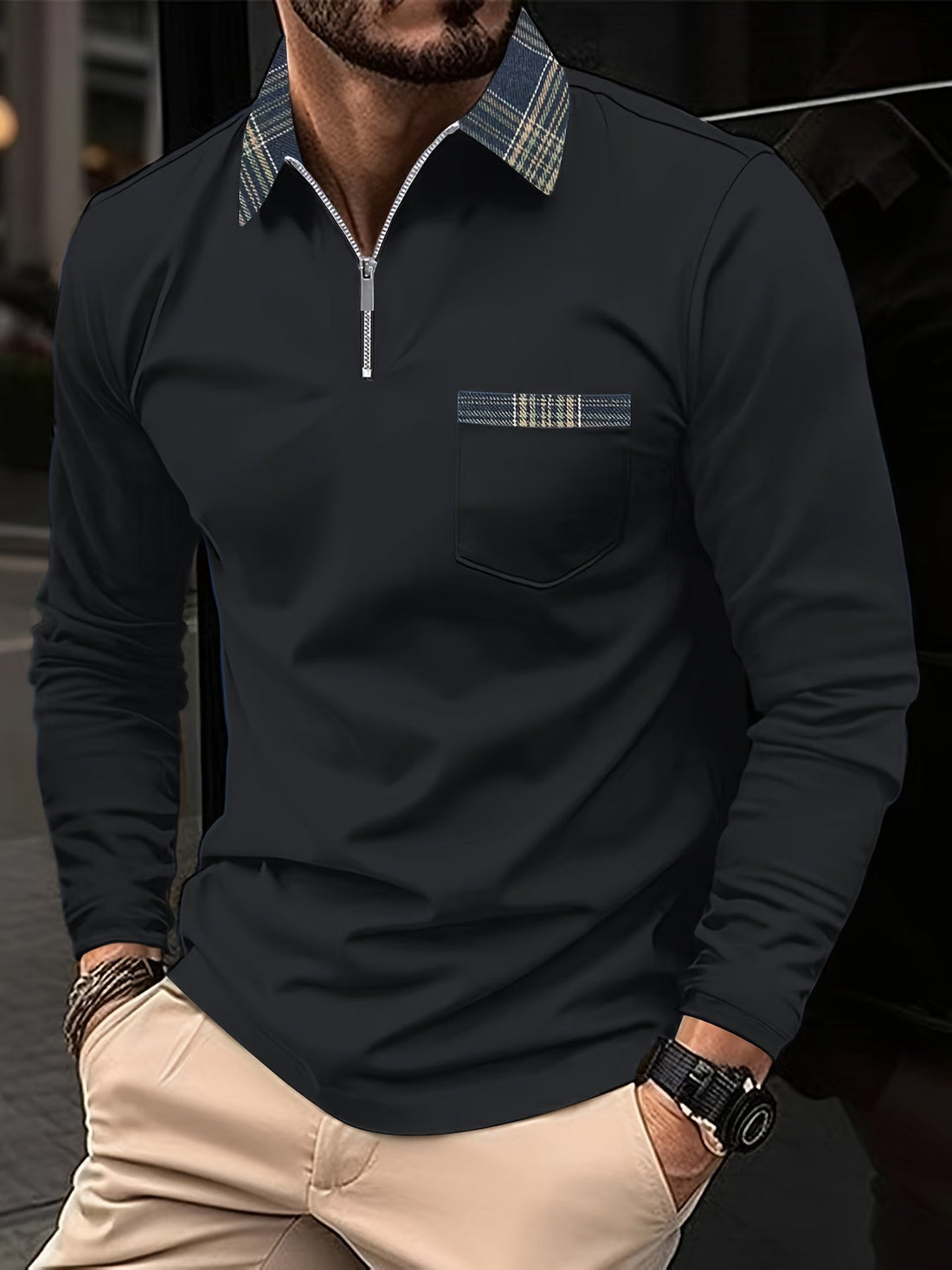 Frank Men's Long Sleeve Polo – Zip Collar with Checkered Pattern