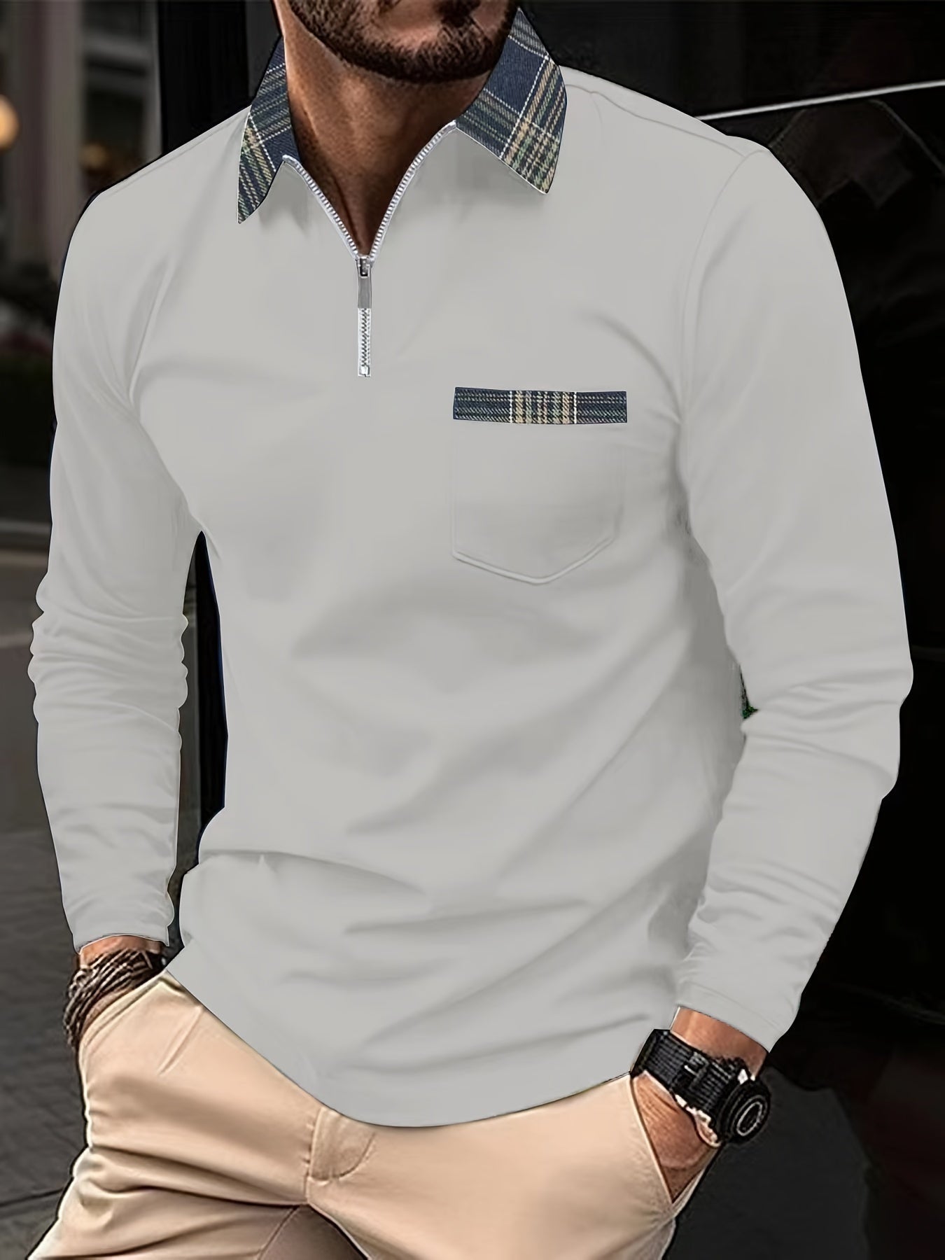 Frank Men's Long Sleeve Polo – Zip Collar with Checkered Pattern