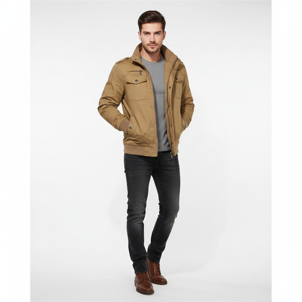 Aiden Men's Aviator Jacket – Warm Pilot Jacket with Fleece Lining and Stand-Up Collar