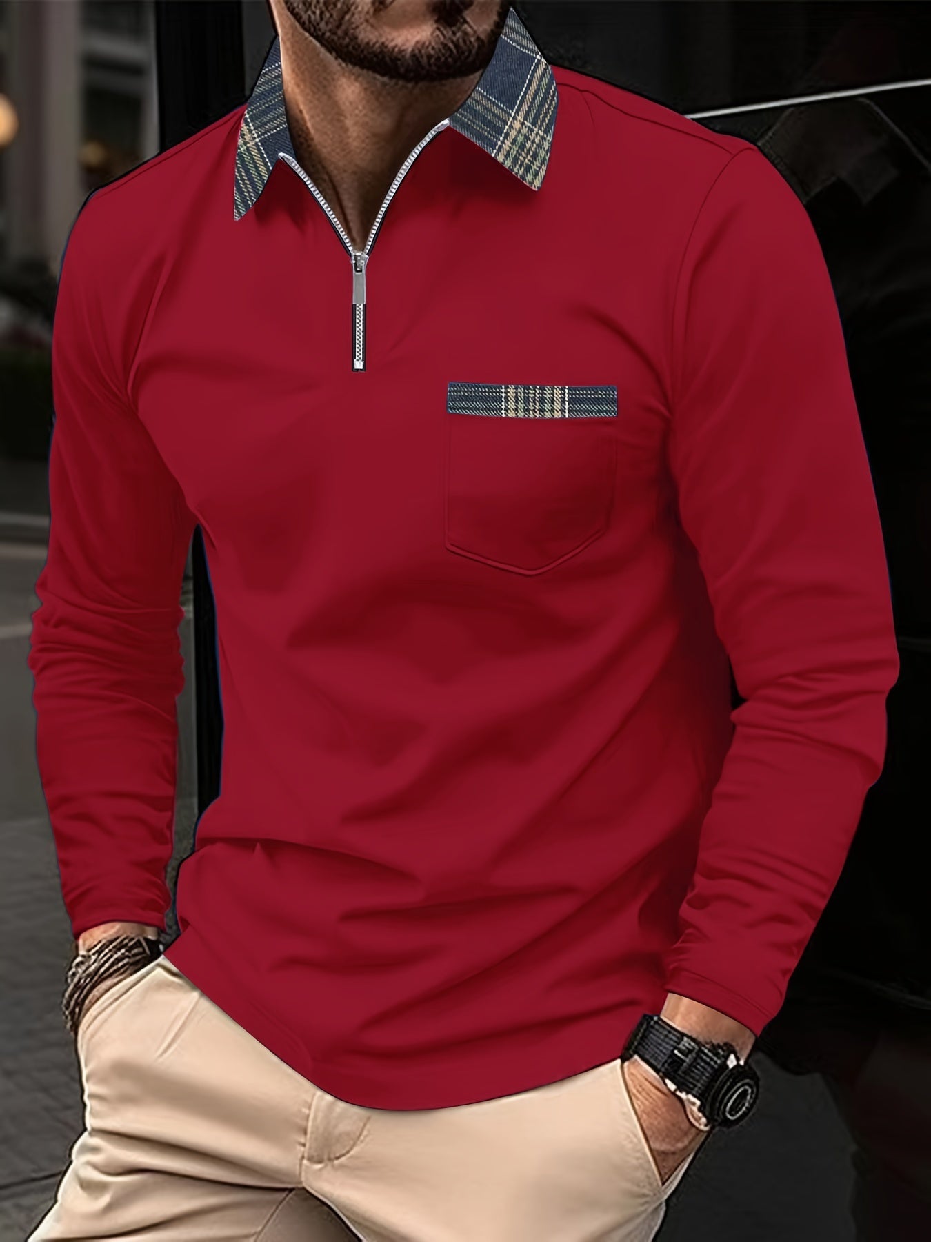 Frank Men's Long Sleeve Polo – Zip Collar with Checkered Pattern