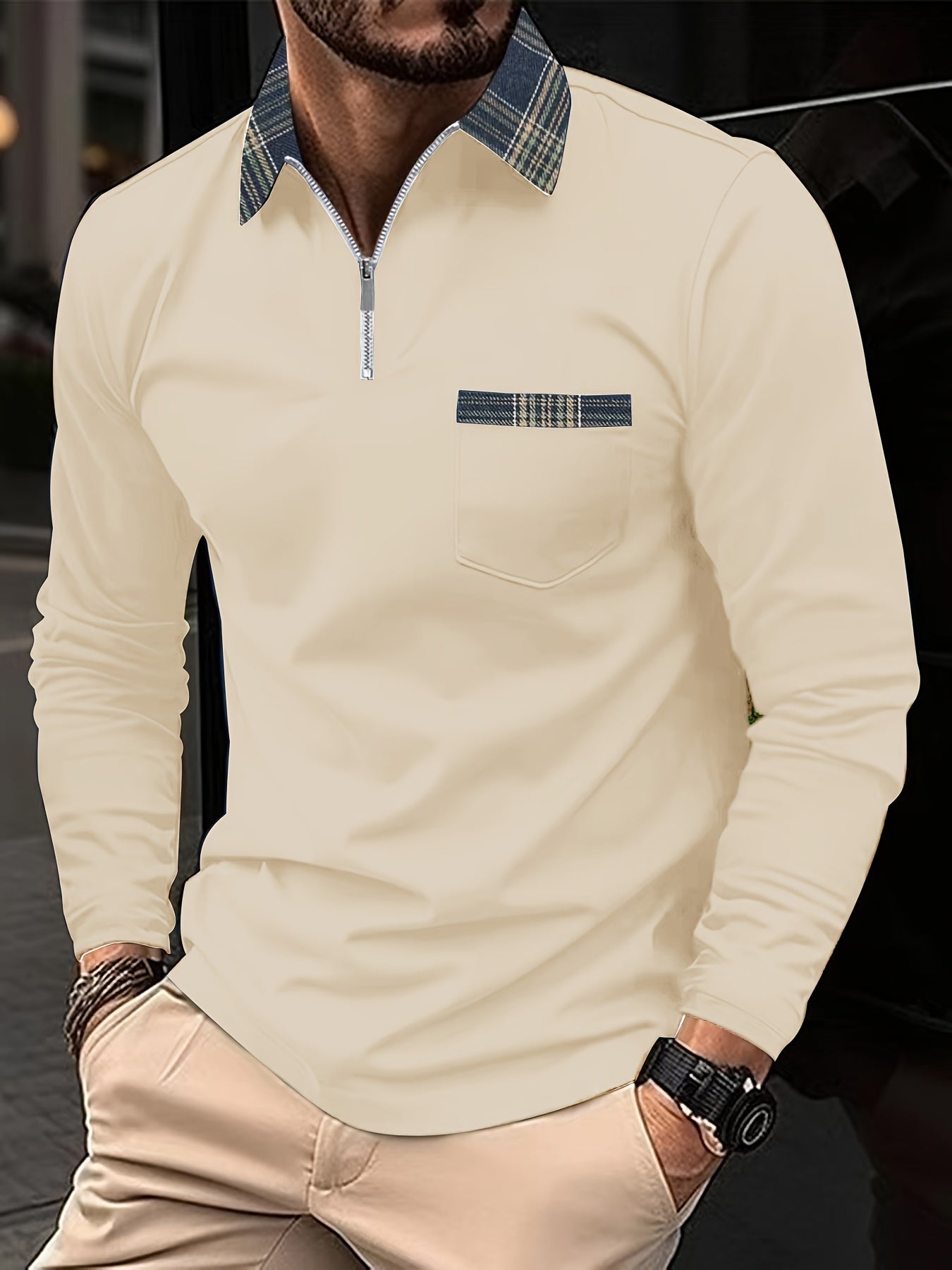 Frank Men's Long Sleeve Polo – Zip Collar with Checkered Pattern