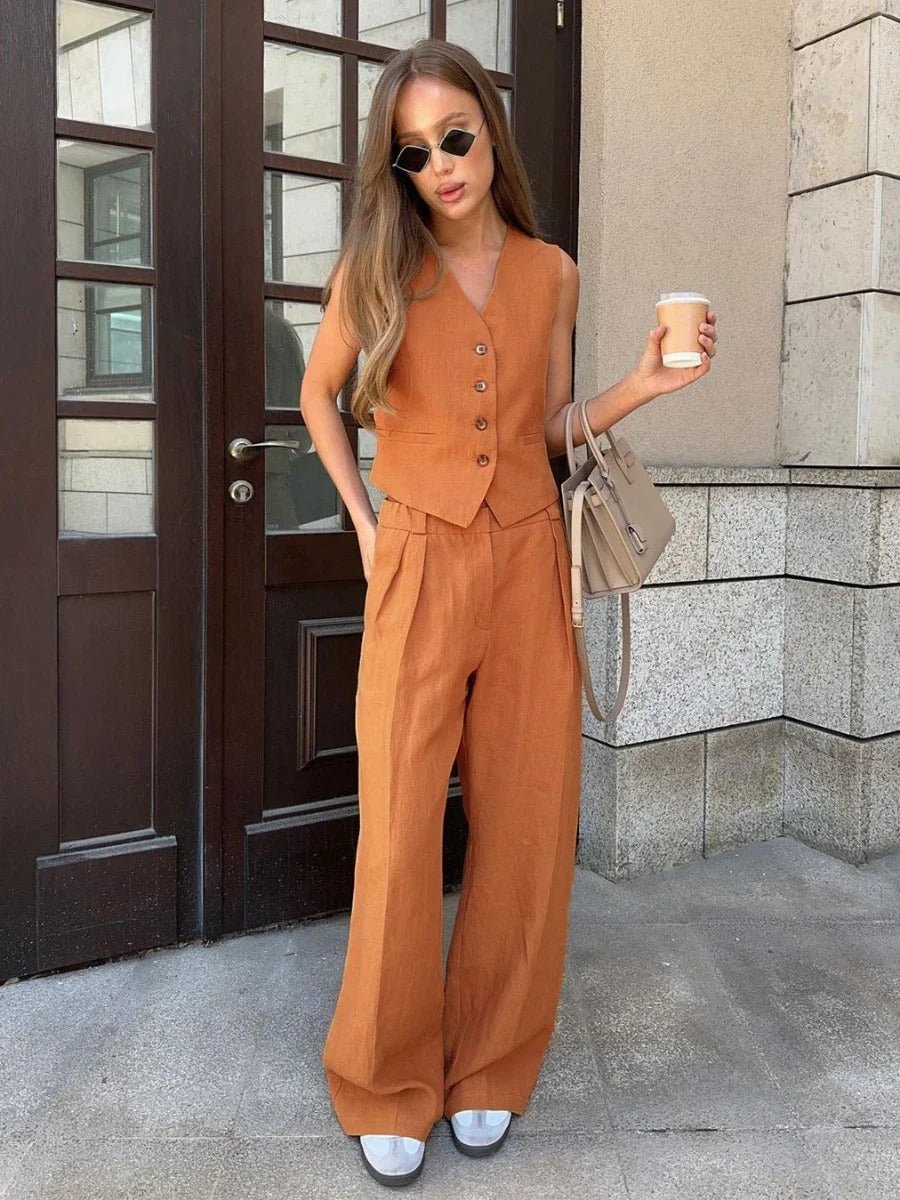 Freya Women's Linen Vest and Wide Leg Trouser Set