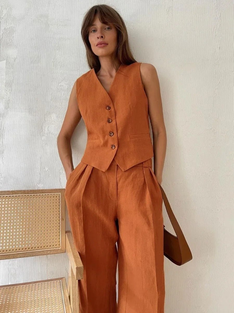 Freya Women's Linen Vest and Wide Leg Trouser Set