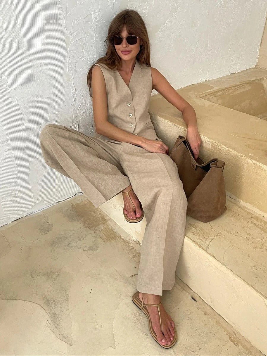 Freya Women's Linen Vest and Wide Leg Trouser Set
